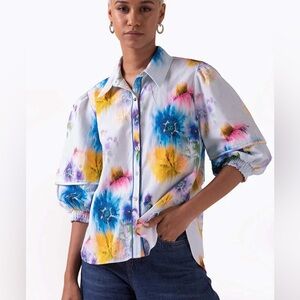 🌸 Celina Moon Sharona Puff Sleeve Top Blue Floral Print Size XL